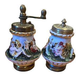 Rare Capodimonte Porcelain & Brass Salt Shaker & Pepper Grinder Works No chips